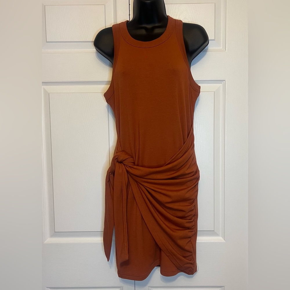 Liyo Hon Sleeveless Dress Ruched Side Knot Tie Wrap Bodycon Rust Burnt Orange M